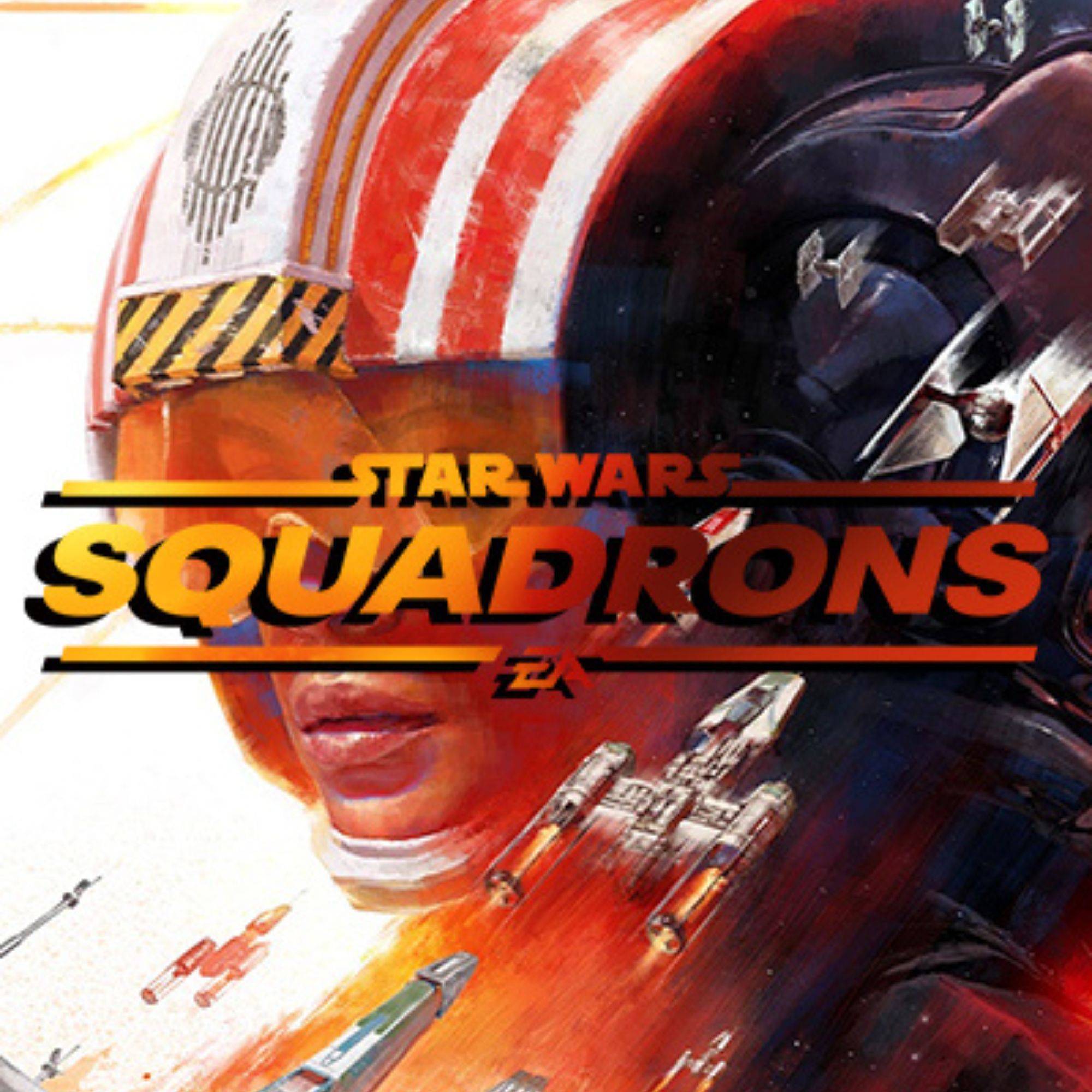 2000x2000 tag image for Star Wars Squadrons. The game's orange logo is pressed against a tie fighter pilot's face.