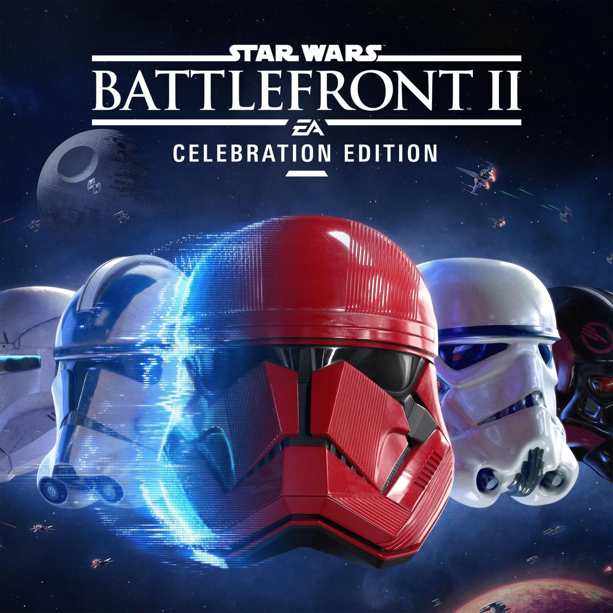 2000x2000 tag image for Star Wars Battlefront II: Celebration Edition. Different coloured Stormtrooper helmets phase into a blue haze.