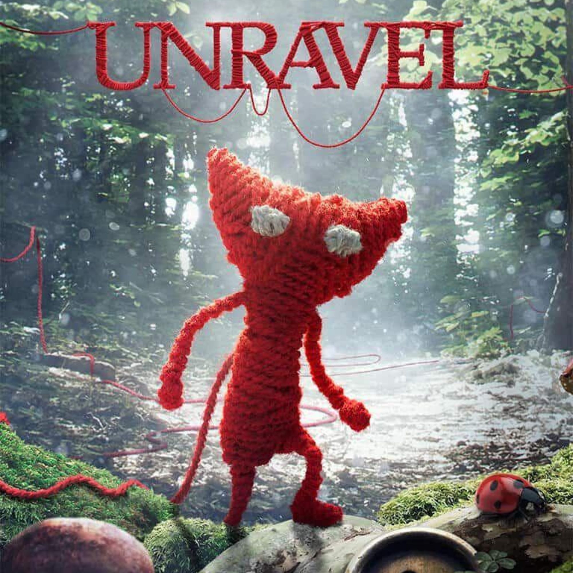 2000x2000 tag image for Unravel. A red string character walks across the woodland.
