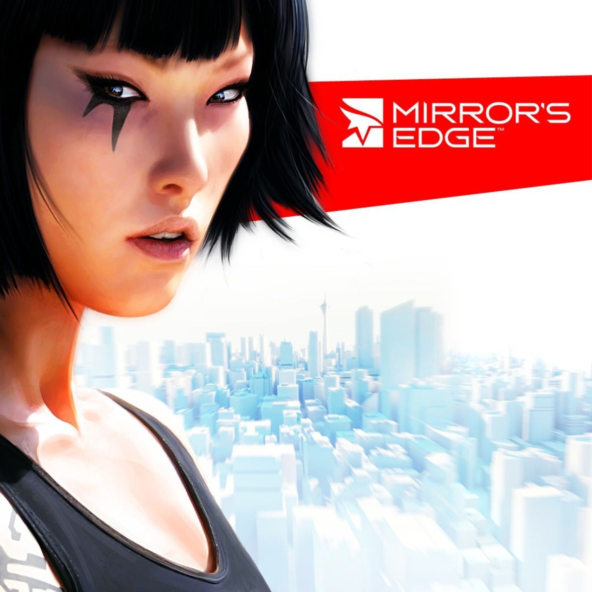 2000x2000 tag image for Mirror's Edge. A woman with an eye tattoo stands in front of a washed out city.
