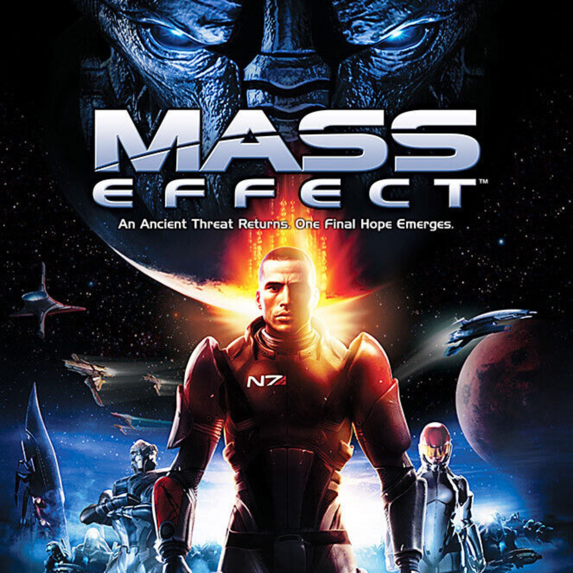 2000x2000 tag image for Mass Effect. A man dressed in a spacesuit leads robots in space.