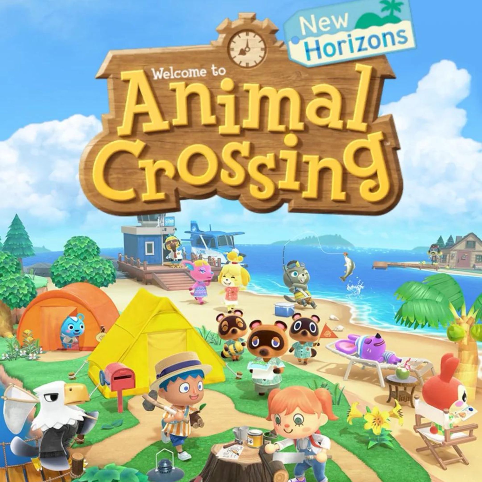 Product tile for Animal Crossing: New Horizons featuring Tom, Isabelle and the islanders