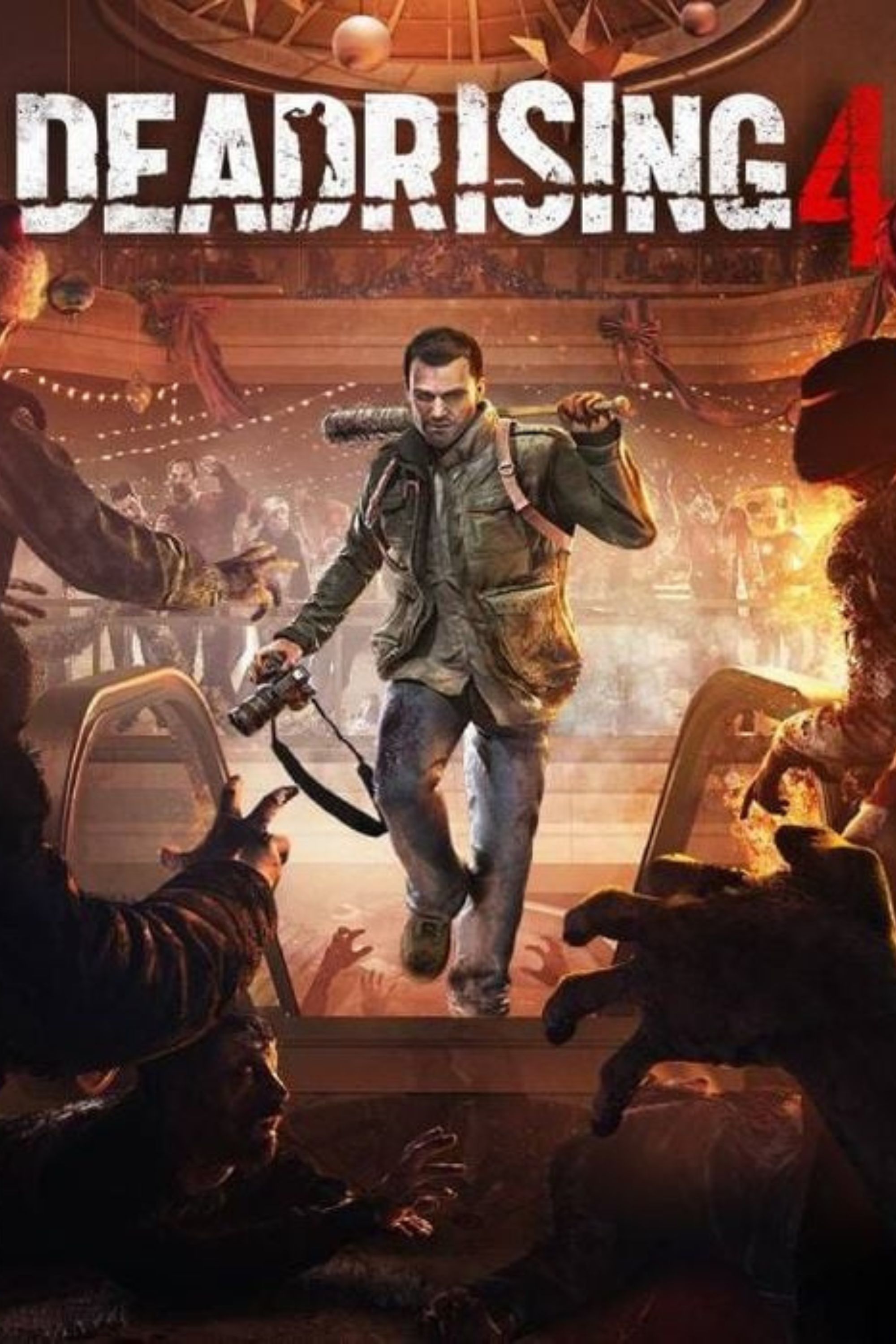 Product cover for Dead Rising 4 featuring the protagonist holding a baseball bat and camera in front of zombies