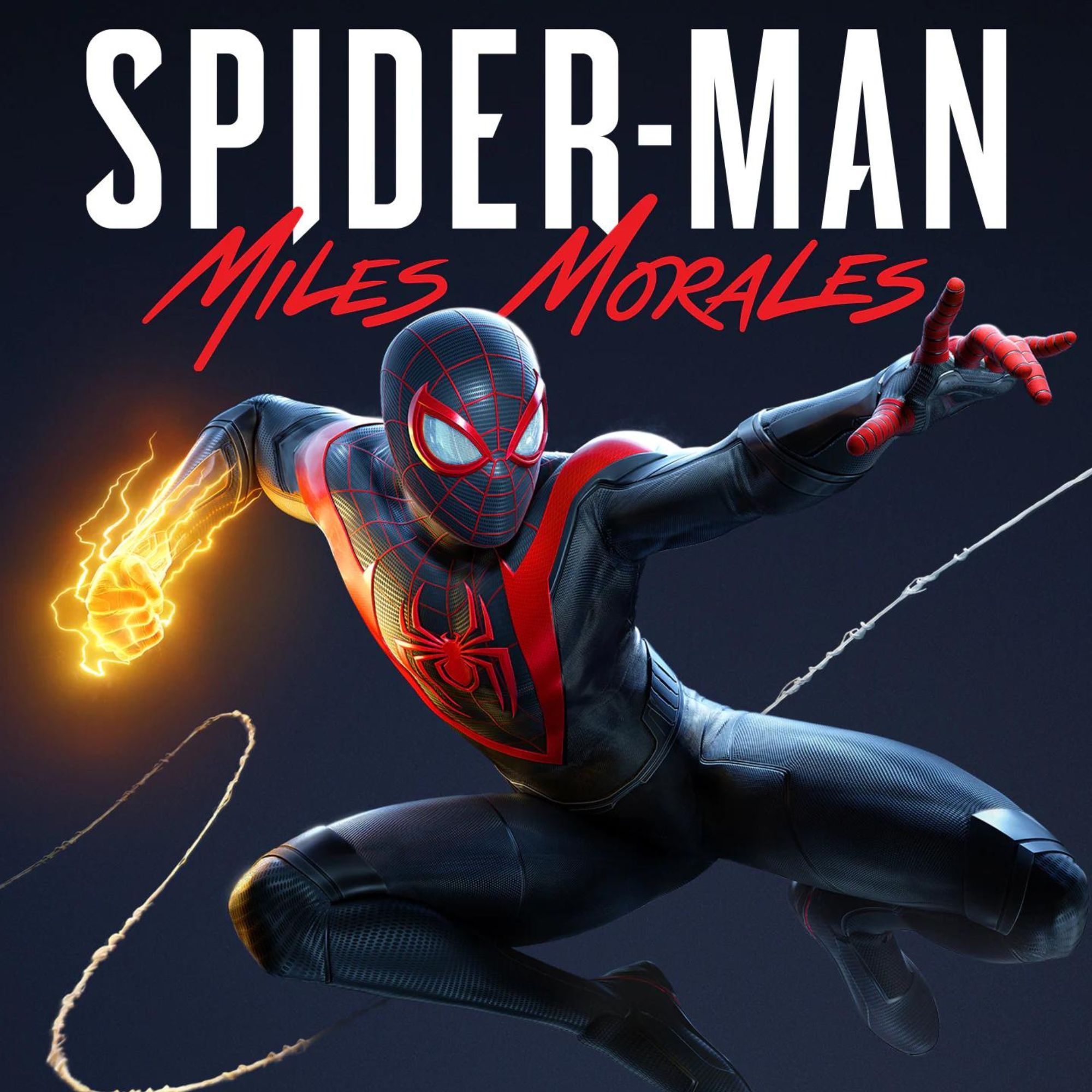 Product tile of Marvel's Spider-Man: Miles Morales showing the web-slinger swinging on a dark background