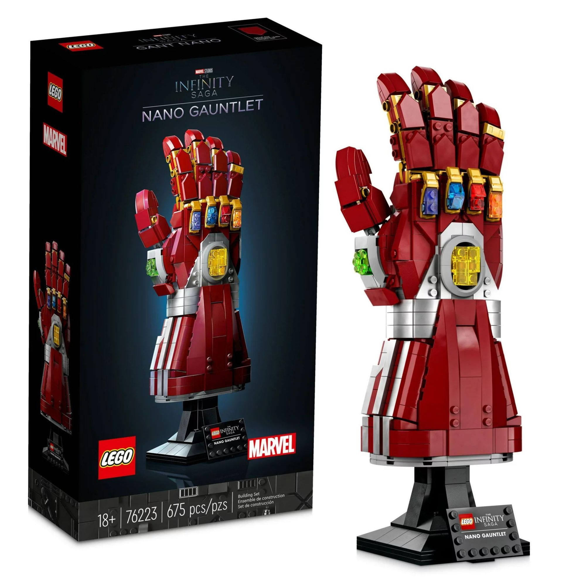 Product still of the LEGO Marvel Nano Gauntlet on a white background