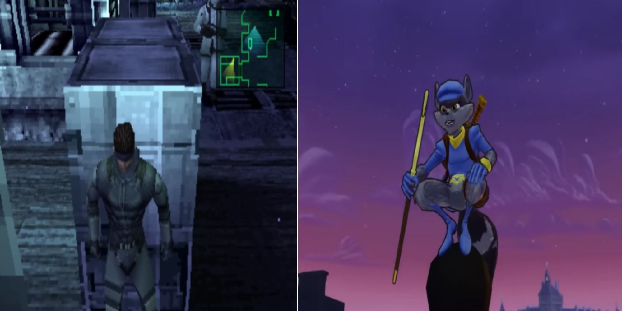 Split image Solid Snake hiding from guard and Sly Cooper on top of building
