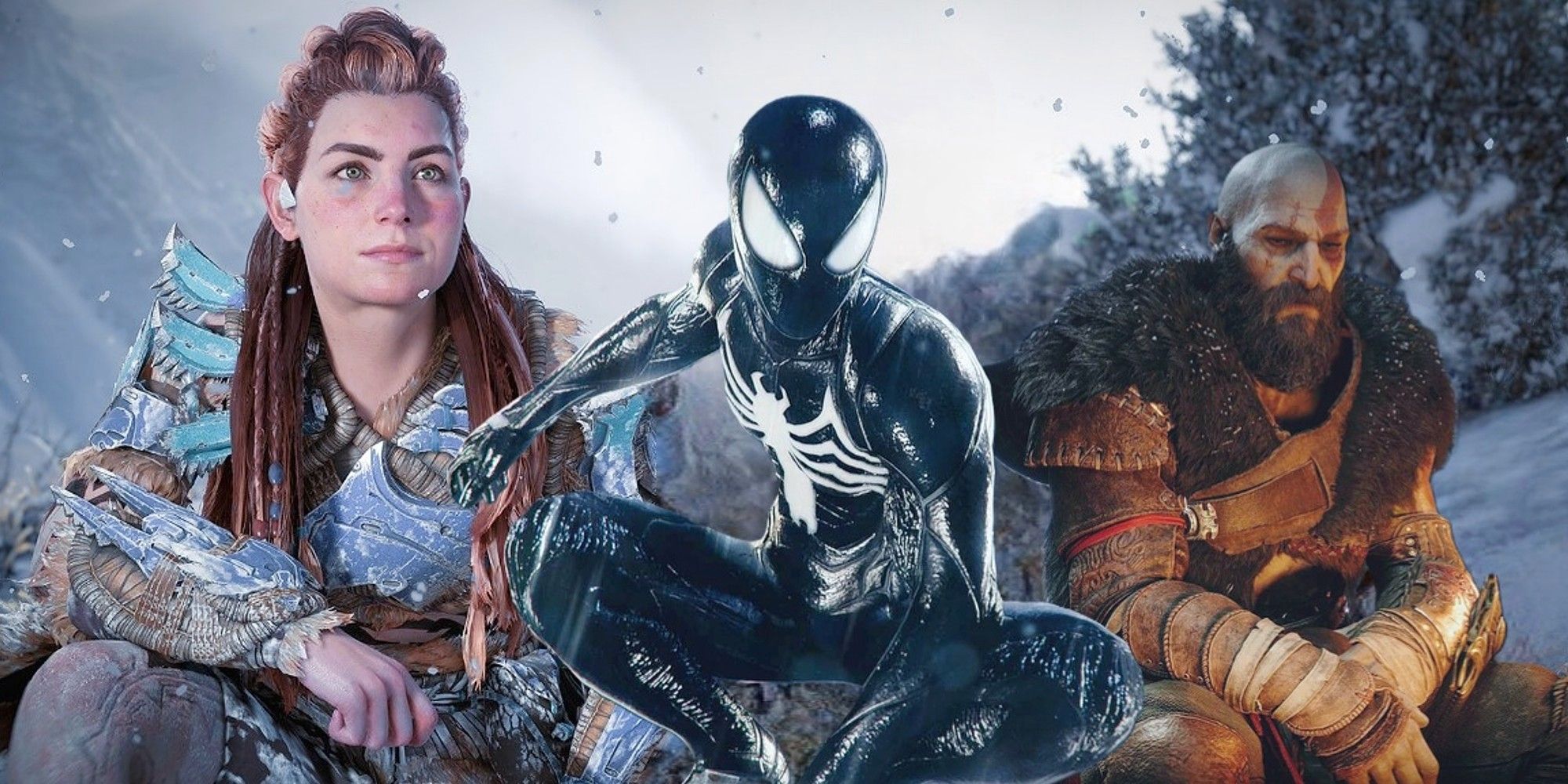 orizon Forbidden West's Aloy, Marvel's Spider-Man 2's Peter Parker In Black Suit, and God of War Ragnarok's Kratos Mash-Up