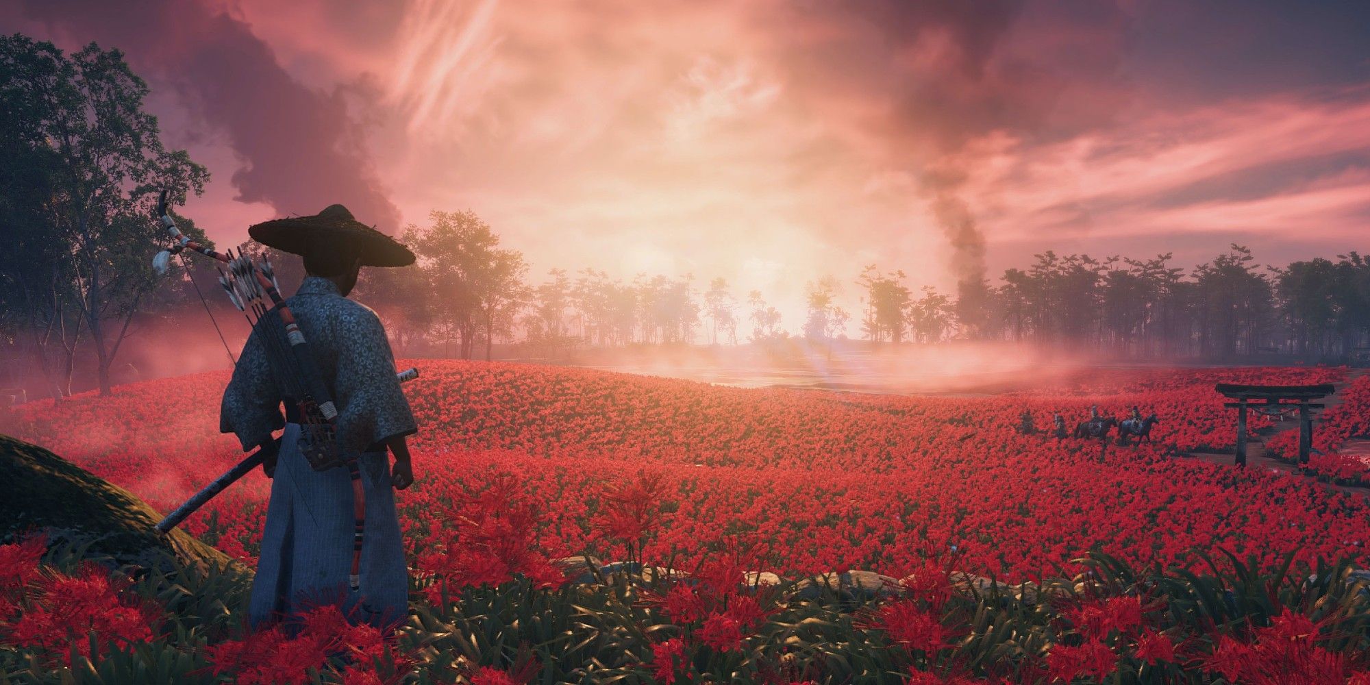 Ghost of Tsushima Jin Sakai standing in the Field of the Equinox Flower, a beautiful field of red Japanese flowers