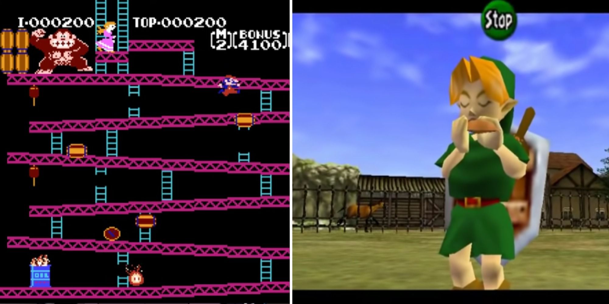 Split image Mario jumping over a barrel in Donkey Kong and Link playing ocarina in The Legend Of Zelda: Ocarina Of Time