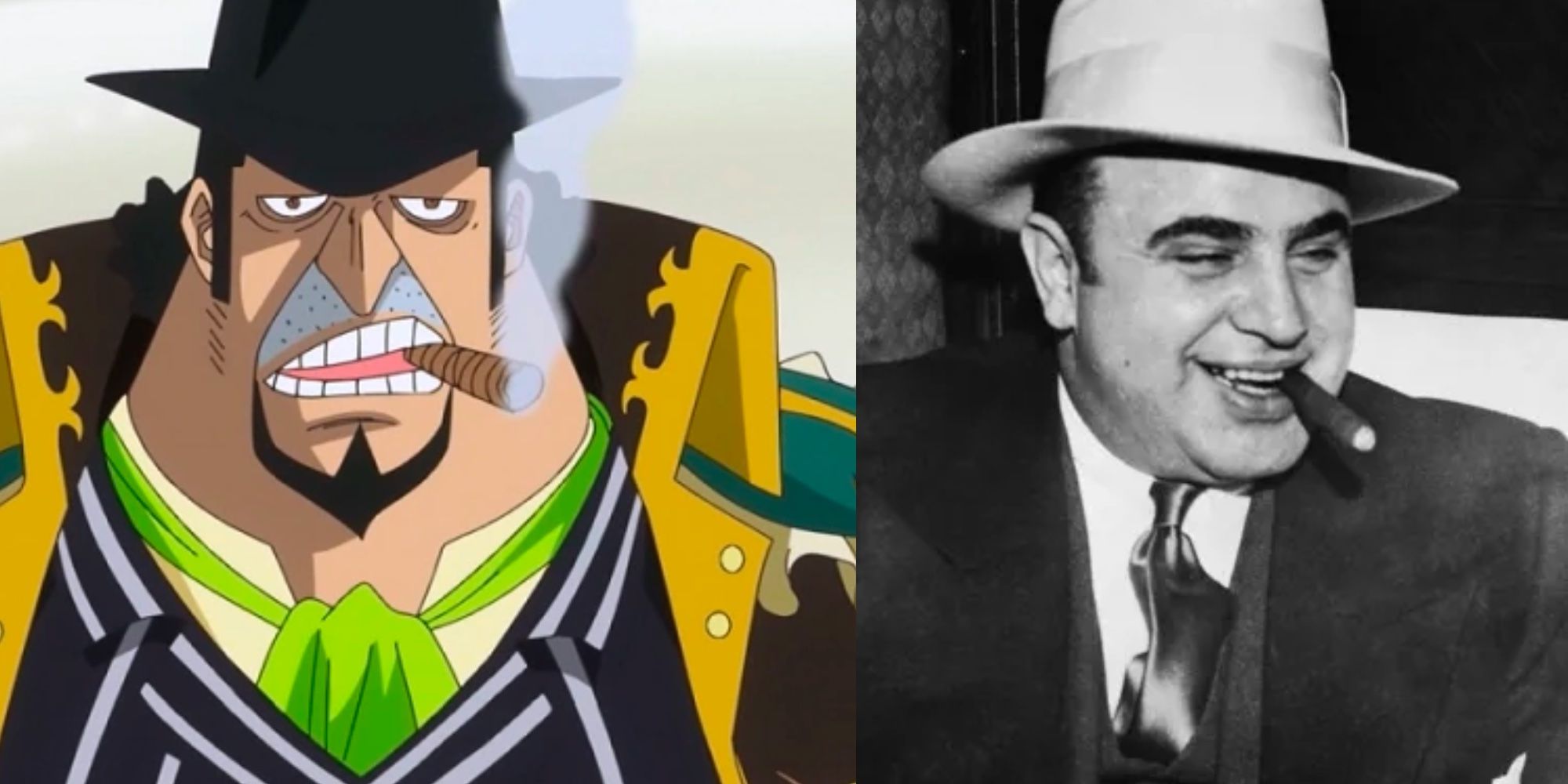 Collage of Capone Bege on the left, and the real Al Capone on the right, both wearing their iconic hat and smoking a cigarette