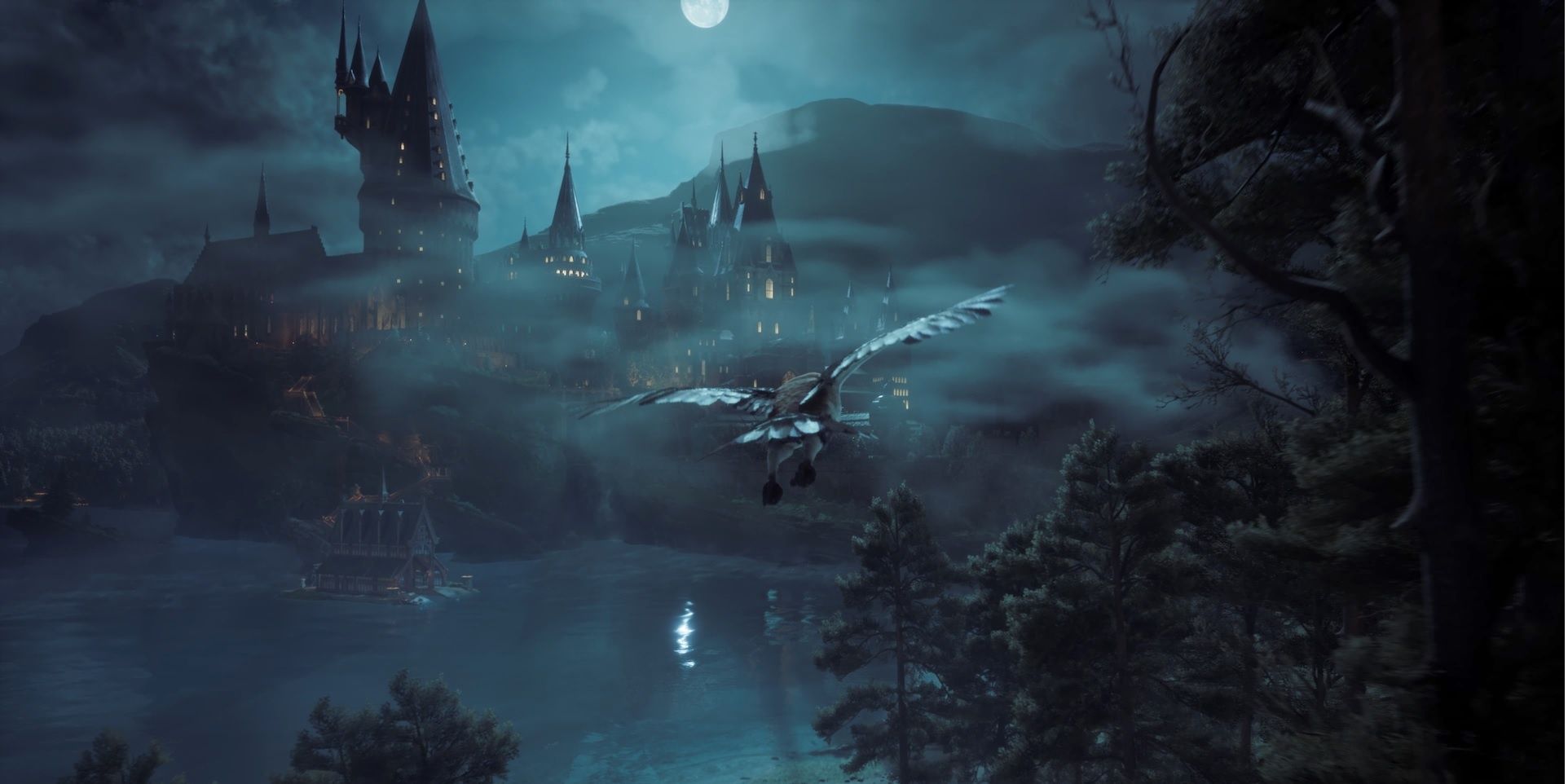 Hogwarts Legacy owl flying towards castle Cropped