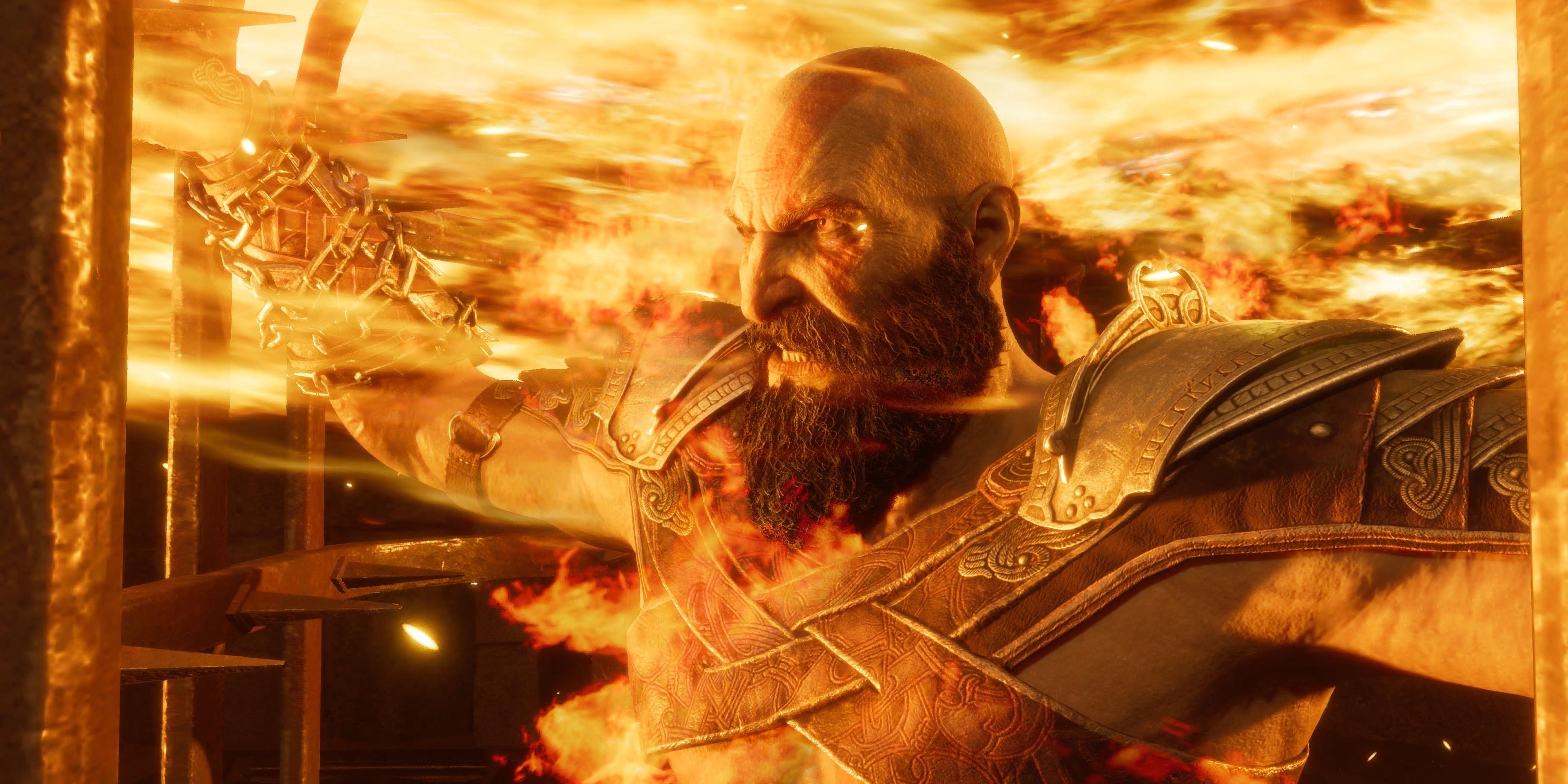 Kratos enfrenta as chamas em God of War Ragnarok Valhalla