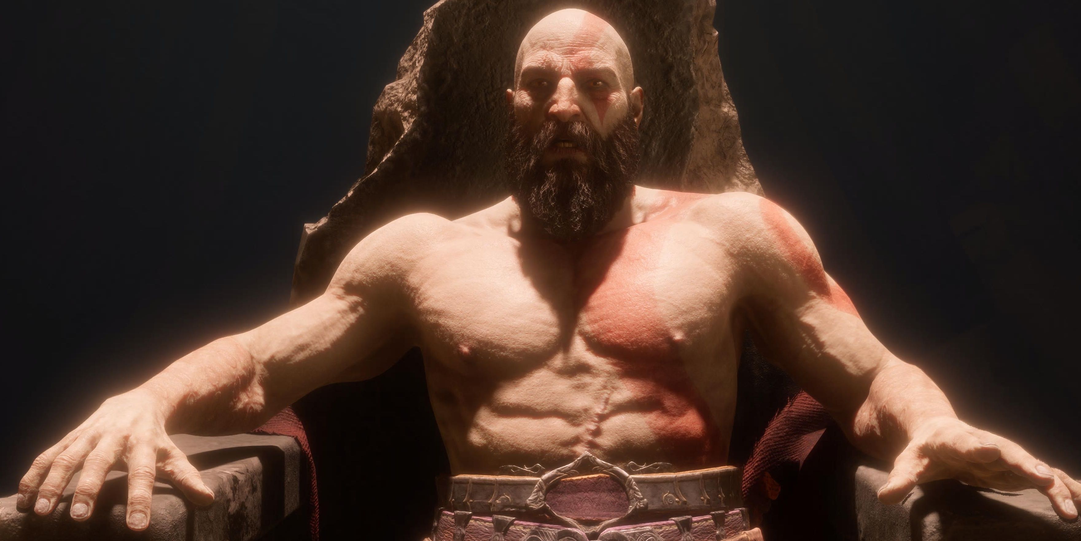 Kratos senta em seu trono em Waf Of War Ragnarok Valhalla