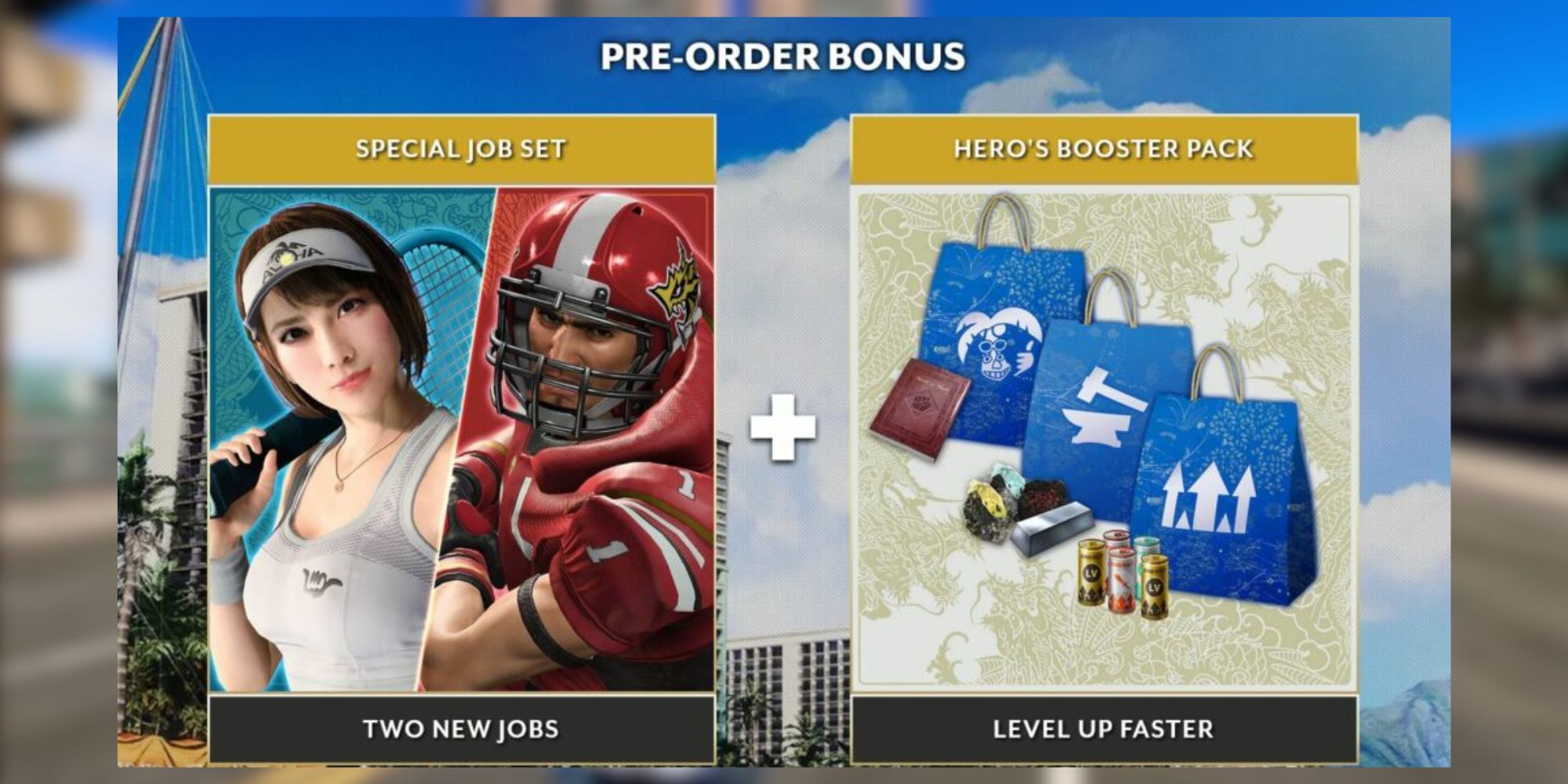 In-game shots of the Like a Dragon: Infinite Wealth pre-order bonus Special Job Set and Hero's Booster Pack