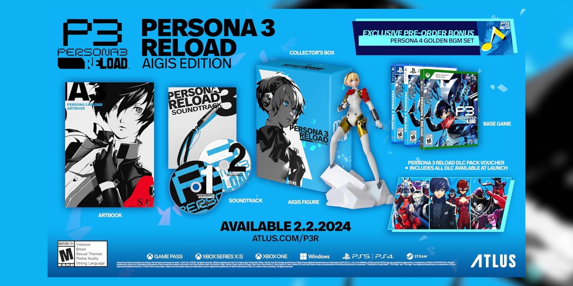 A compilation of the Persona 3 Reload Aigis Edition contents on a blue background