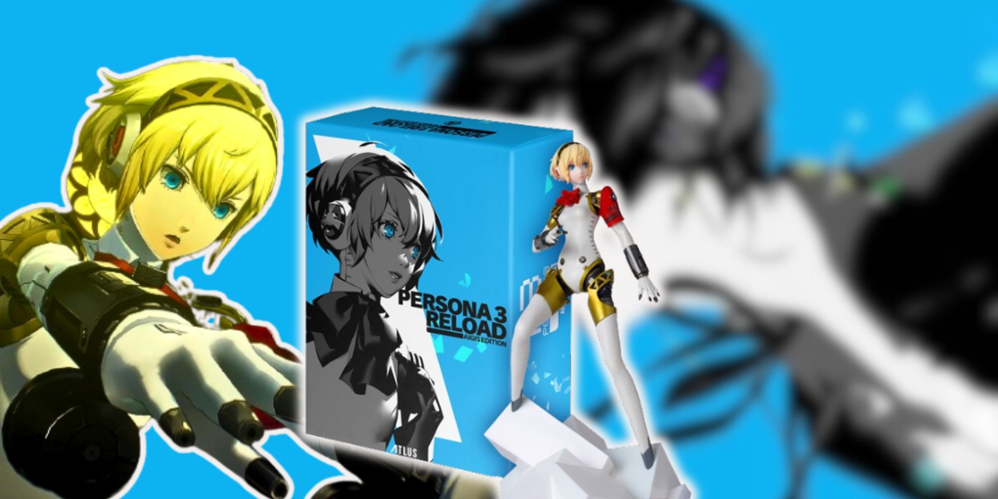 Feature image with the Persona 3 Reload Collector's Edition Aigis Statue and collector's box with images of Aigis and the protagonist 