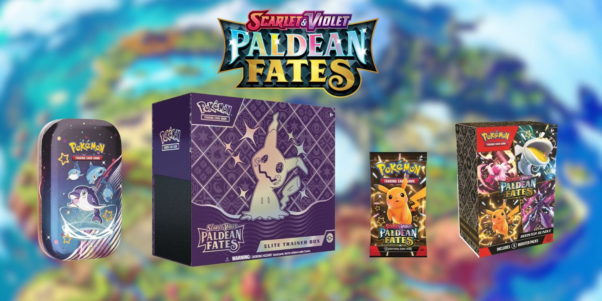 Feature image with the Pokemon TCG Paldean Fates products and logo on a blurred map.