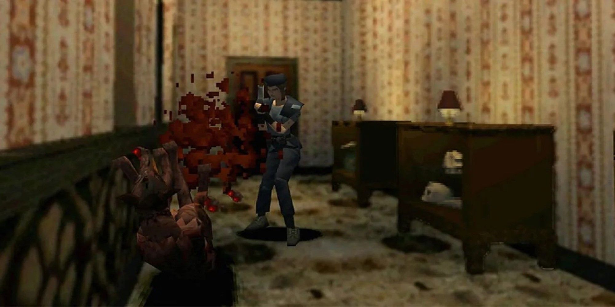 Jill Valentine atirando em um inimigo (Resident Evil)