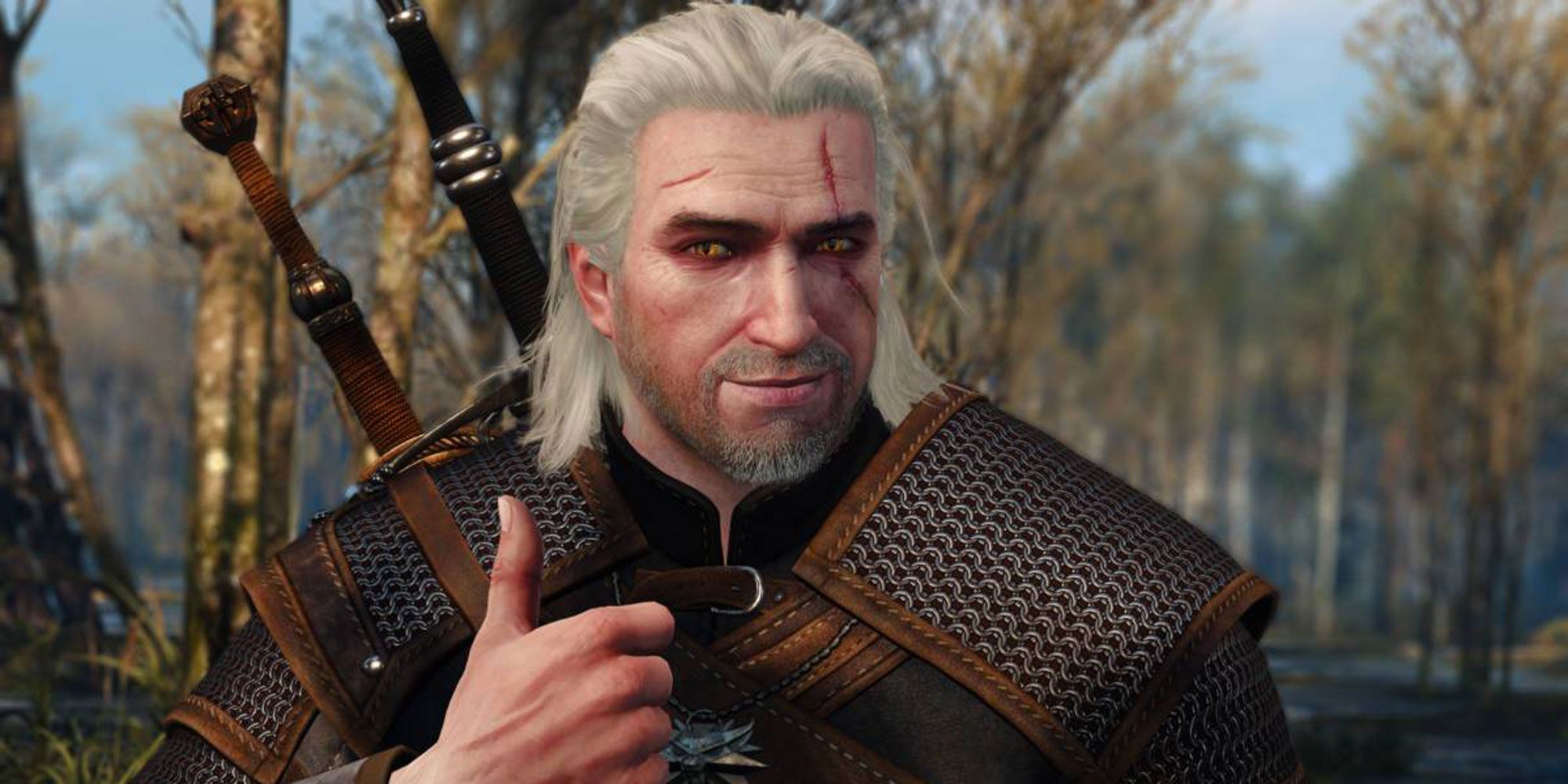 Geralt smiling and giving a thumbs up in The Witcher 3: Wild Hunt