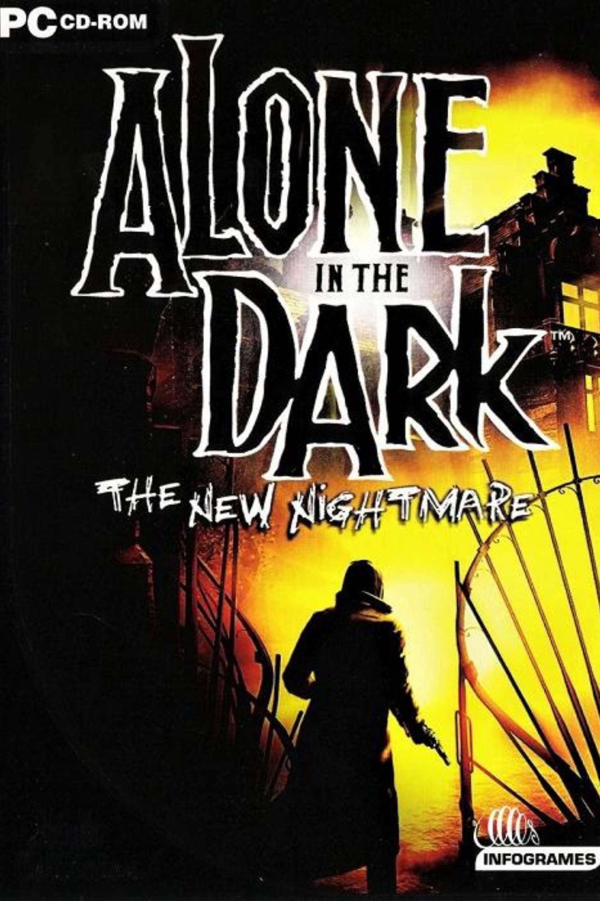Imagen de etiqueta de 2000x3000 para Alone in the Dark: The New Nightmare que muestra a un hombre entrando a una casa rodeado de luces brillantes.