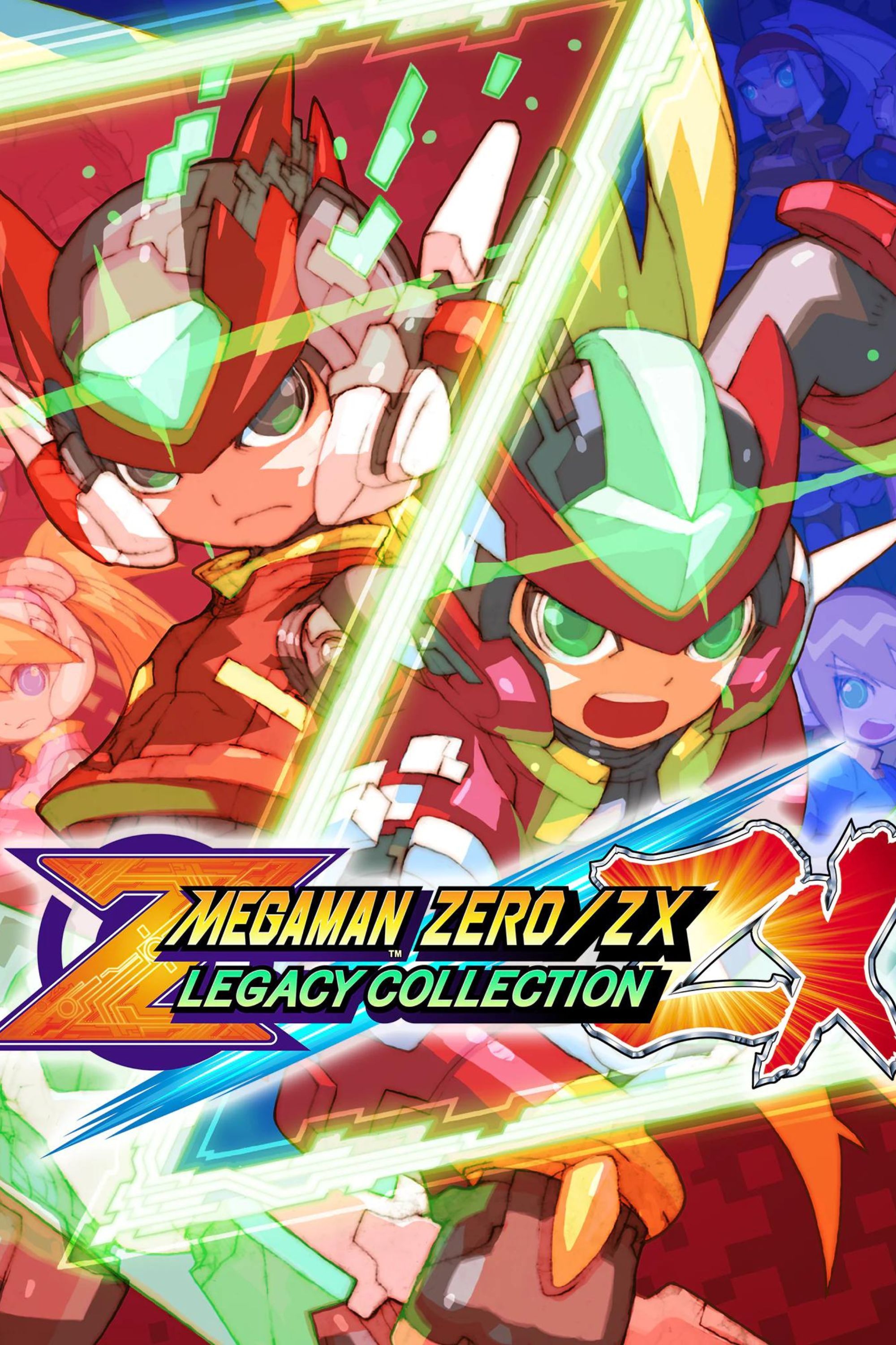 2000x3000 tag image for Mega Man Zero/ZX Legacy Collection showing both protagonists in red a green behind the game logo