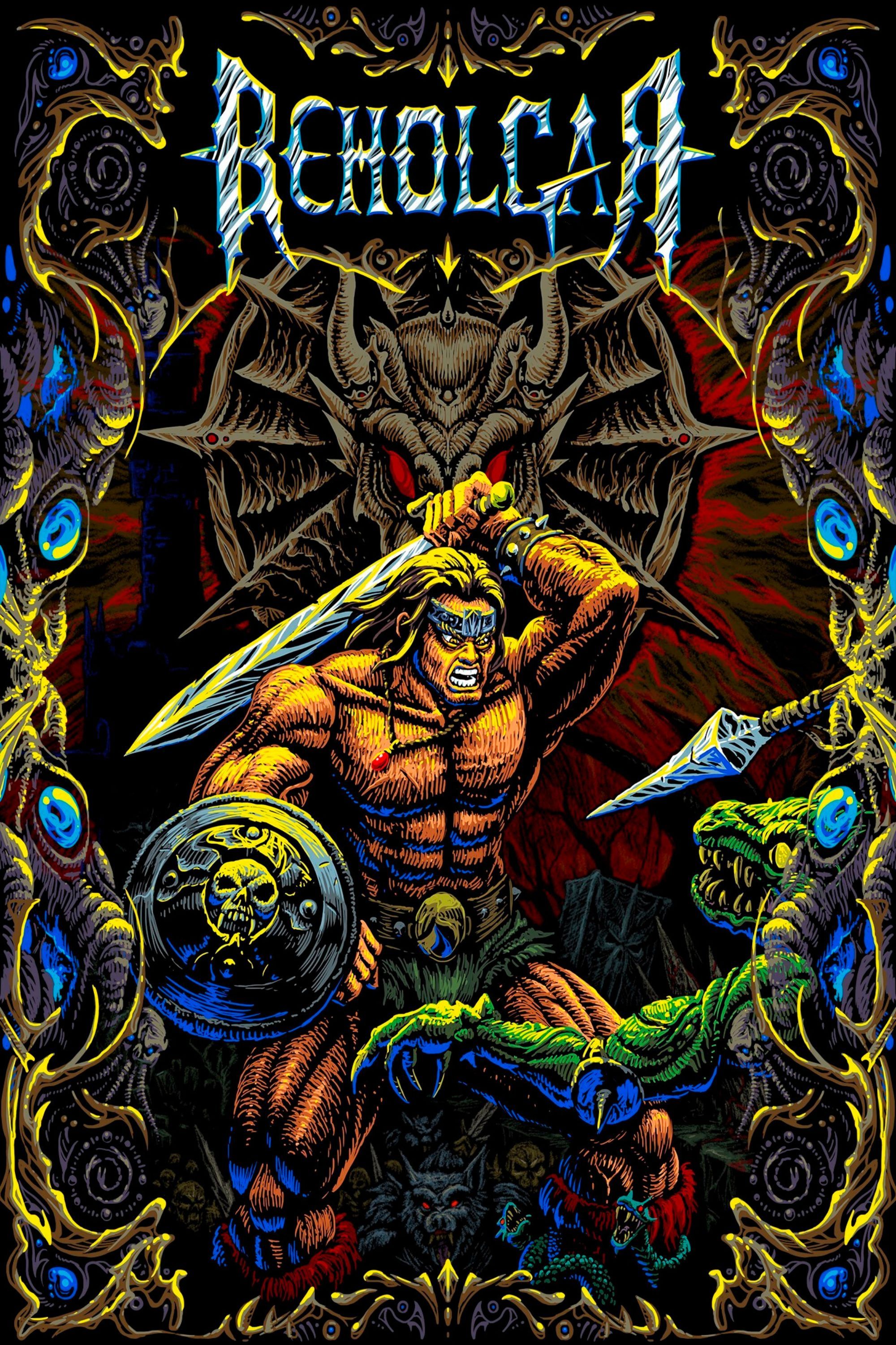 2000x3000 tag image for Beholgar showing a shirtless warrior with a sword and shield attacking a snake