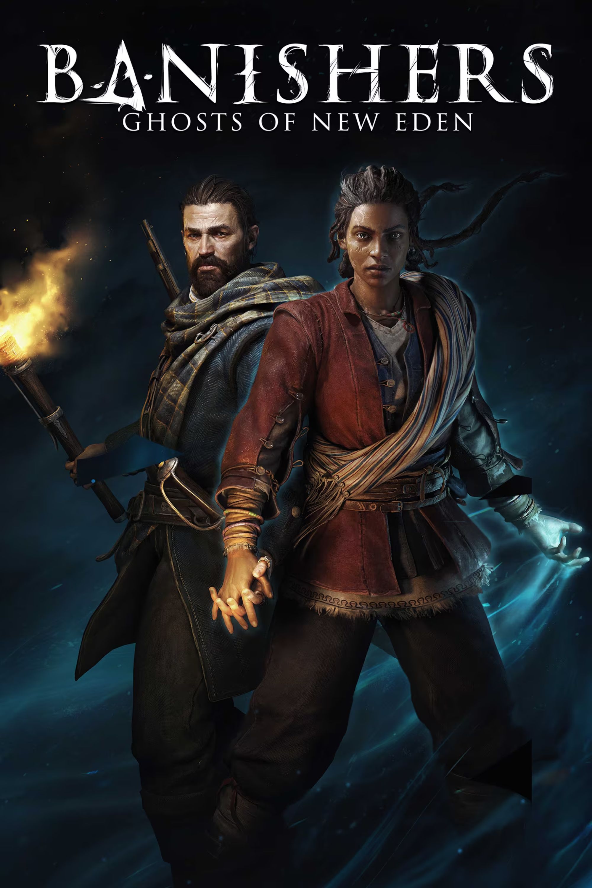 2000x3000 tag image for Banishers: Ghosts of New Eden showing the protagonists holding hands