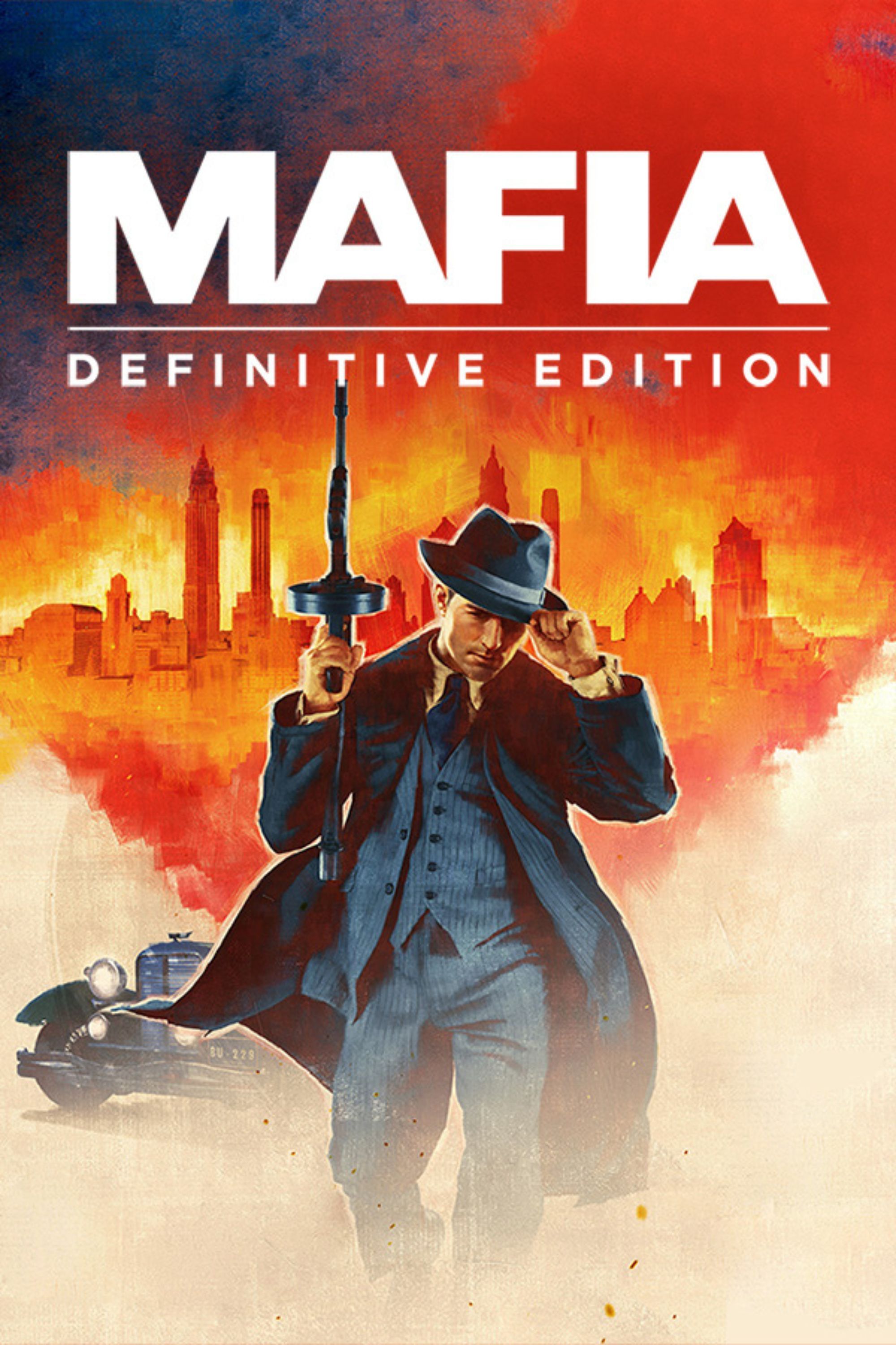 2000x3000 tag image for Mafia: Definitive Edition showing a gangster holding the tip of his hat and a gun.