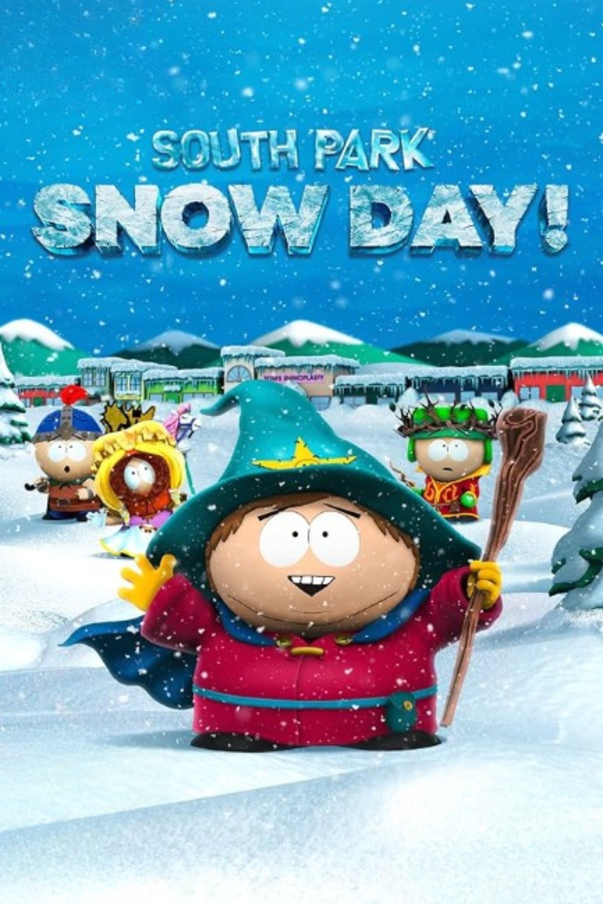 2000x3000 tag image for South Park: Snow Day! showing Cartman standing under snowfall with his friends wearing a wizard's costume.