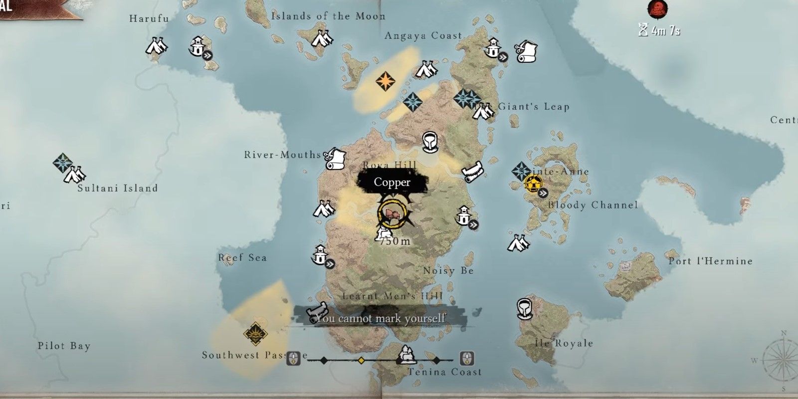 The Skull And Bones character is showing the map location of copper.