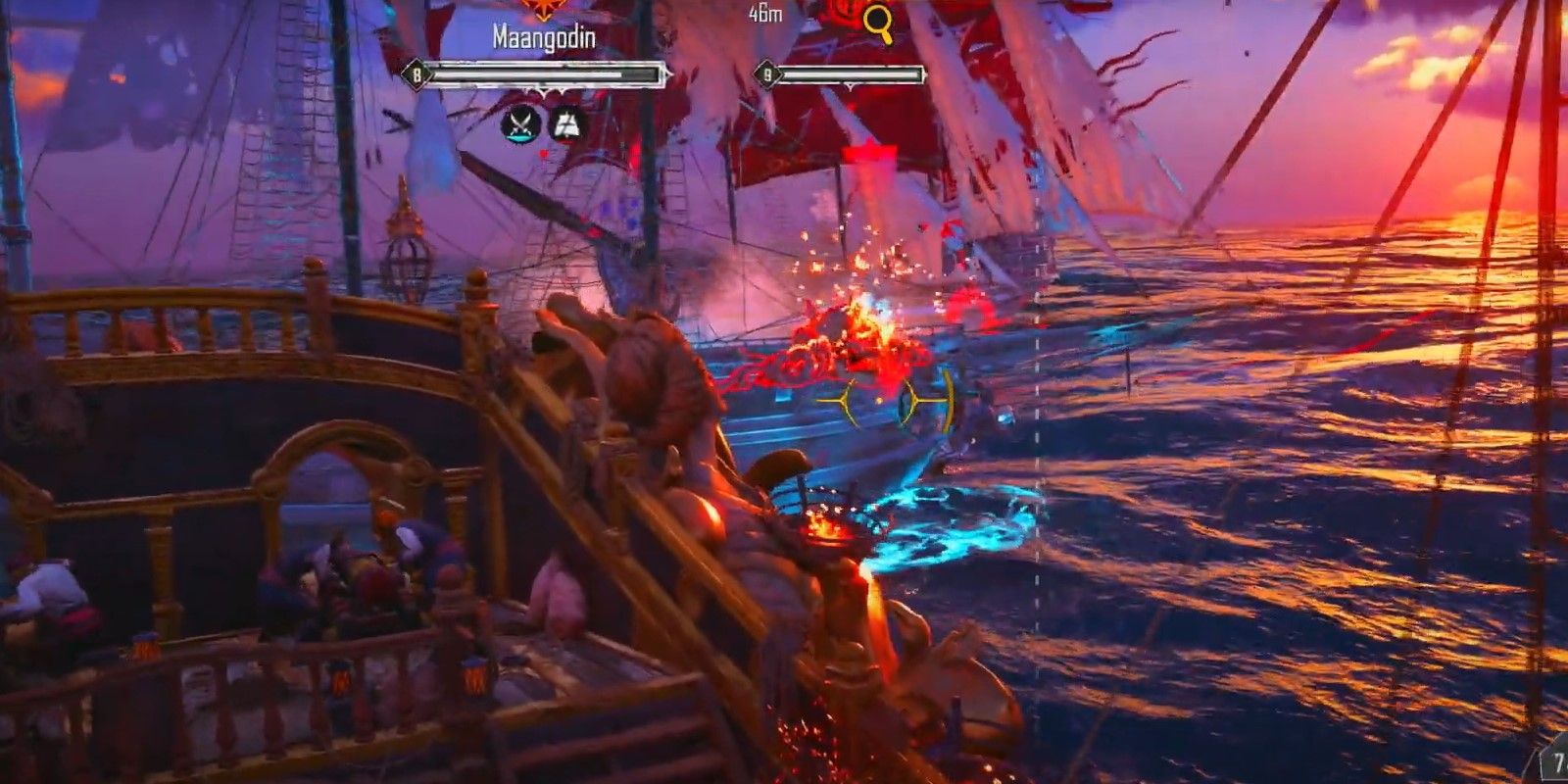 The Skull And Bones character is attacking the Maangodin Ghost Ship so they can loot it.