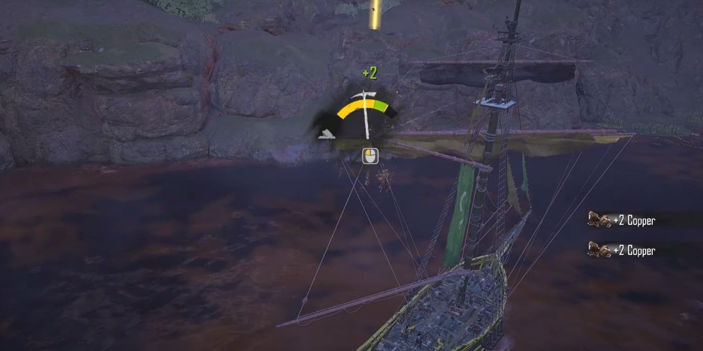 The Skull And Bones character is harvesting copper from their ship.