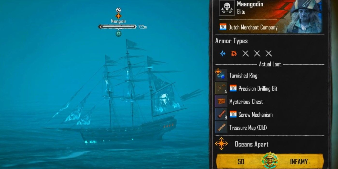 The Skull And Bones character is examining what loot is aboard the Maangodin.