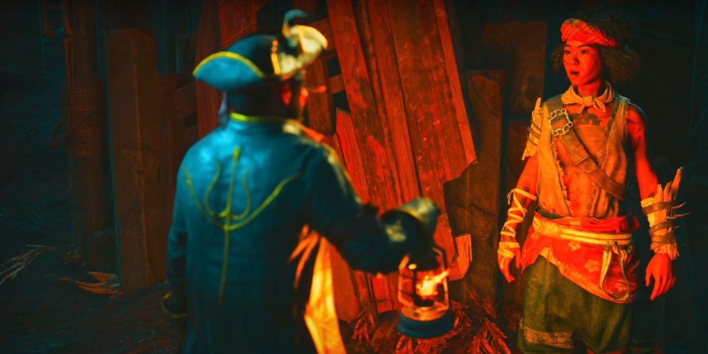The Skull And Bones character is speaking with the Mysterious Rogue located at The Oubliette.