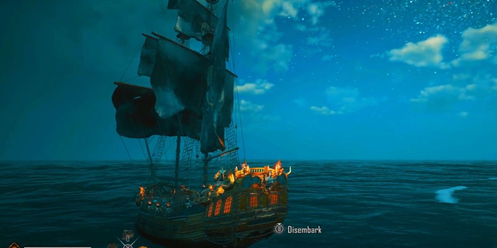 The Skull And Bones character is sailing at night under the stars to find the Maangodin Ghost Ship.