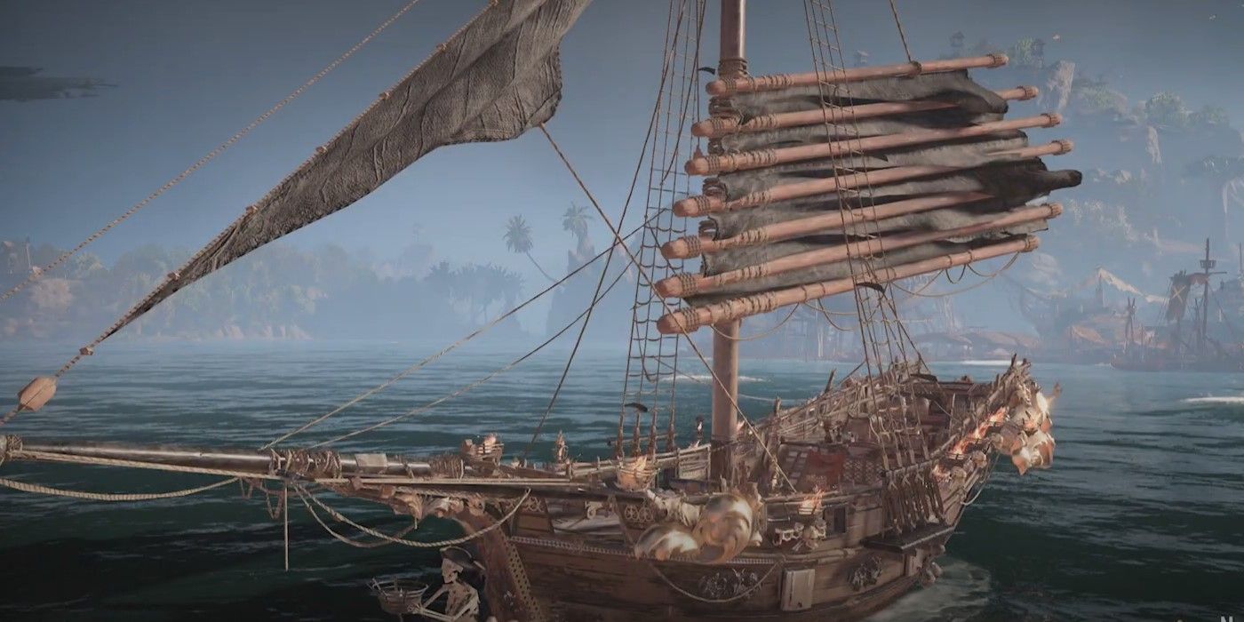 The Skull and Bones character is showing their ship that has a little damage and needs to be repaired.
