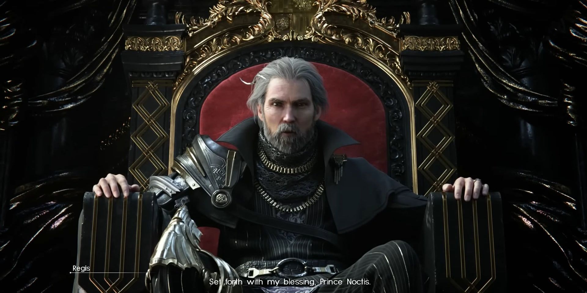 Regis sits on the throne in Final Fantasy 15