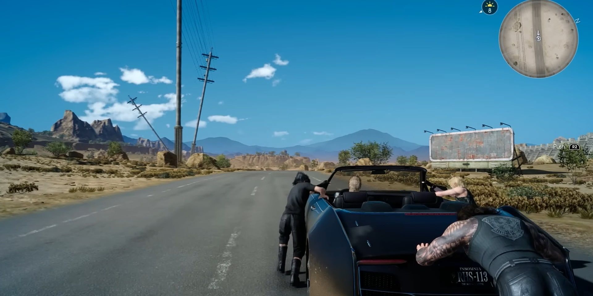 Noctis and the gang push their car in Final Fantasy 15