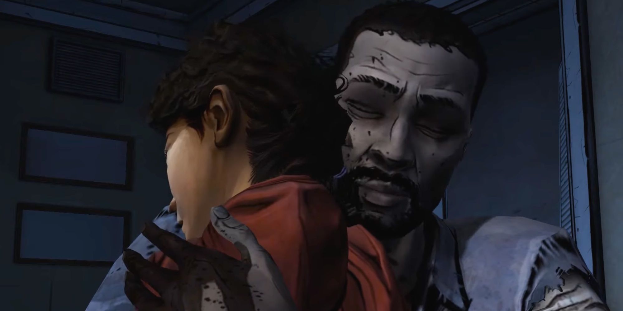 Lee hugging Clementine in The Walking Dead.