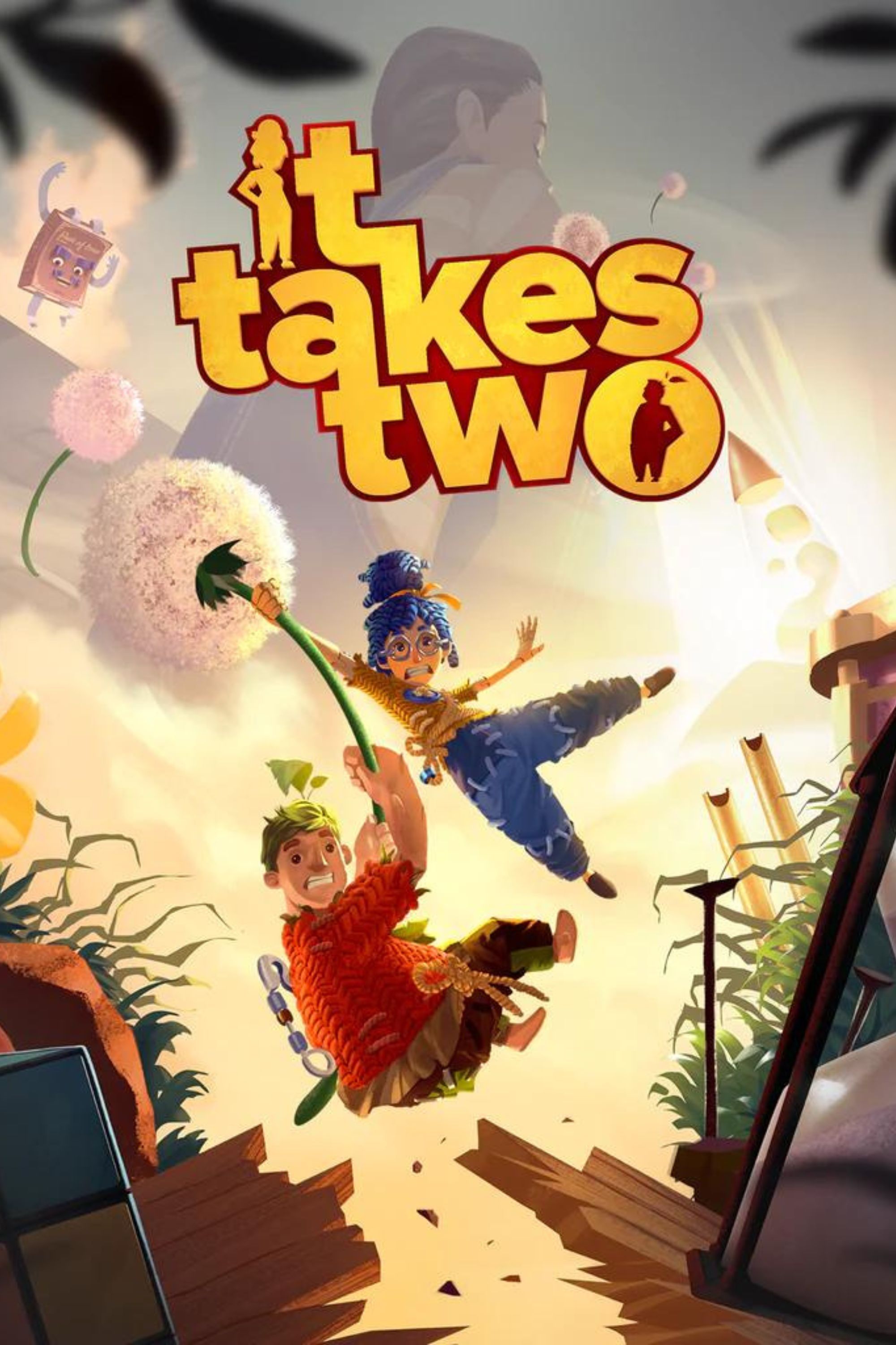 2000x3000 tag image for It Takes Two showing two characters floating away on a dandelion.