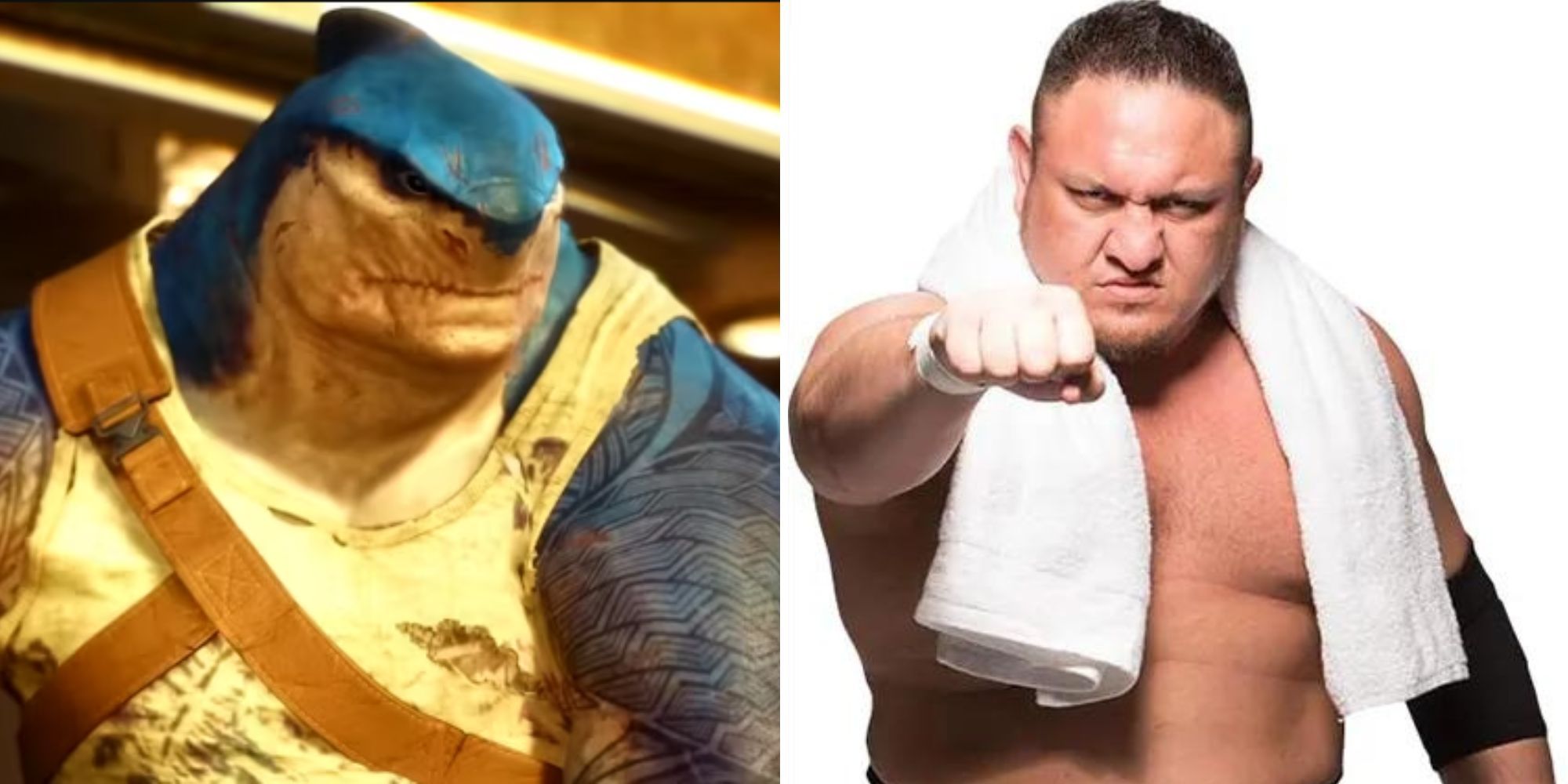 A screenshot of King Shark from Suicide Squad: Kill the Justice League alongside voice actor Samoa Joe