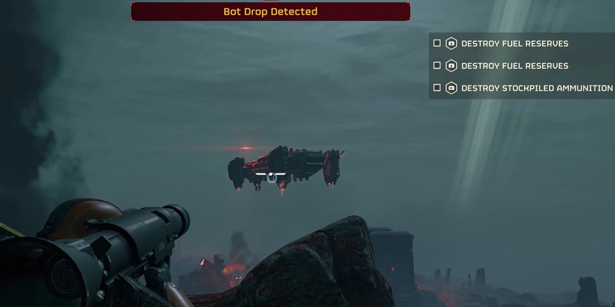 A player about to use a rocket launcher on a dropship in Helldivers 2