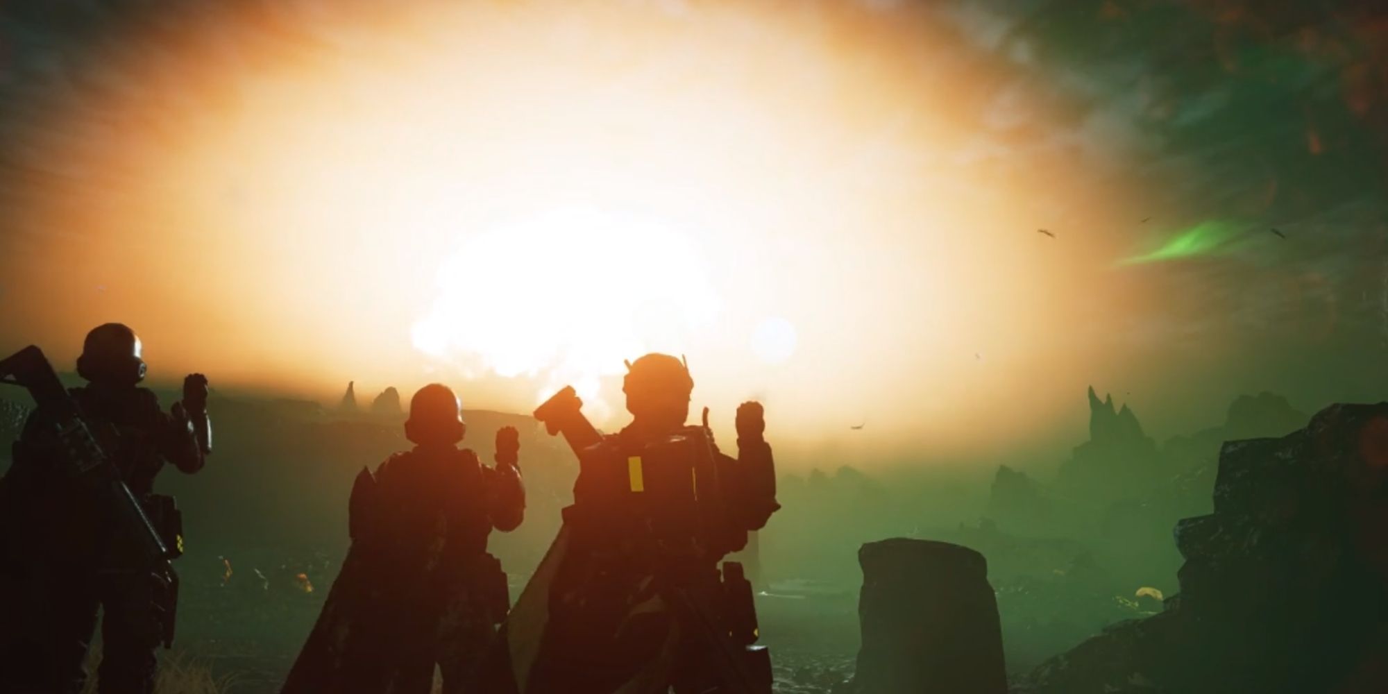 A squad of Helldivers saluting while watching an explosion go off