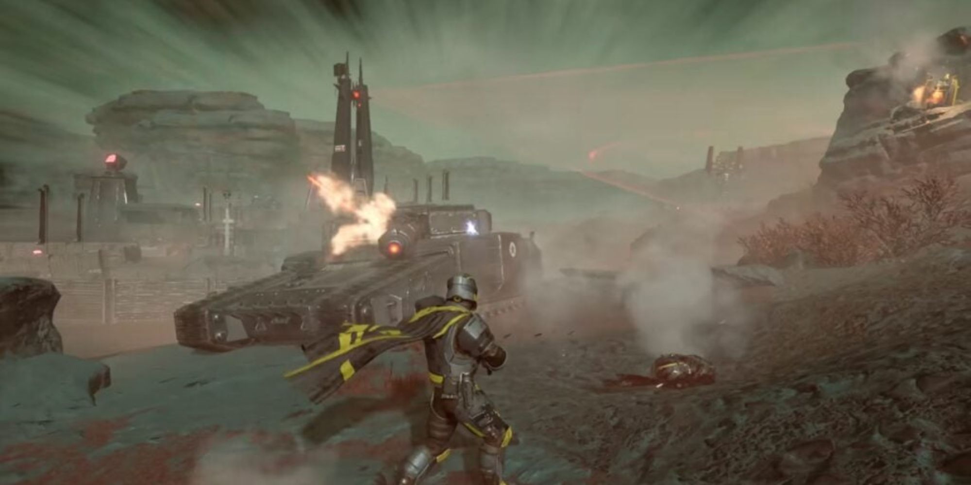 A tank in close range with the player in Helldivers 2