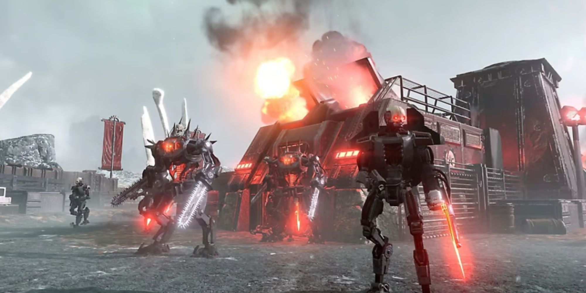 Several types of Automaton enemies in front of a building