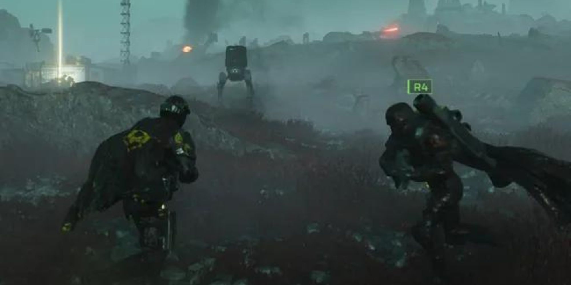 Two Helldivers engaging a Scout Strider in combat