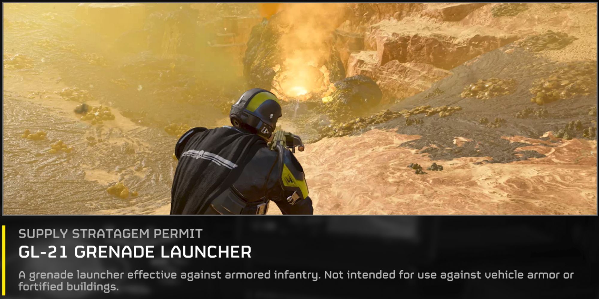 Um Helldiver usando um lançador de granadas para fechar um ninho de Terminid