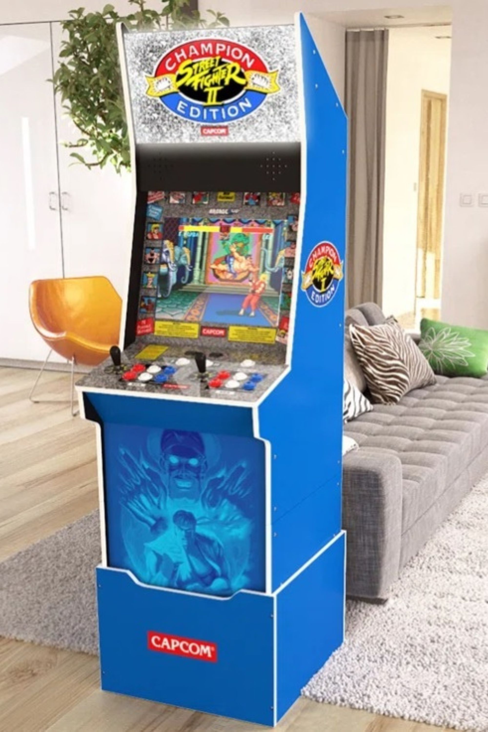 Product still for the Arcade1Up Street Fighter II Big Blue Arcade With Stool, Riser, Lit Deck & Lit Marquee