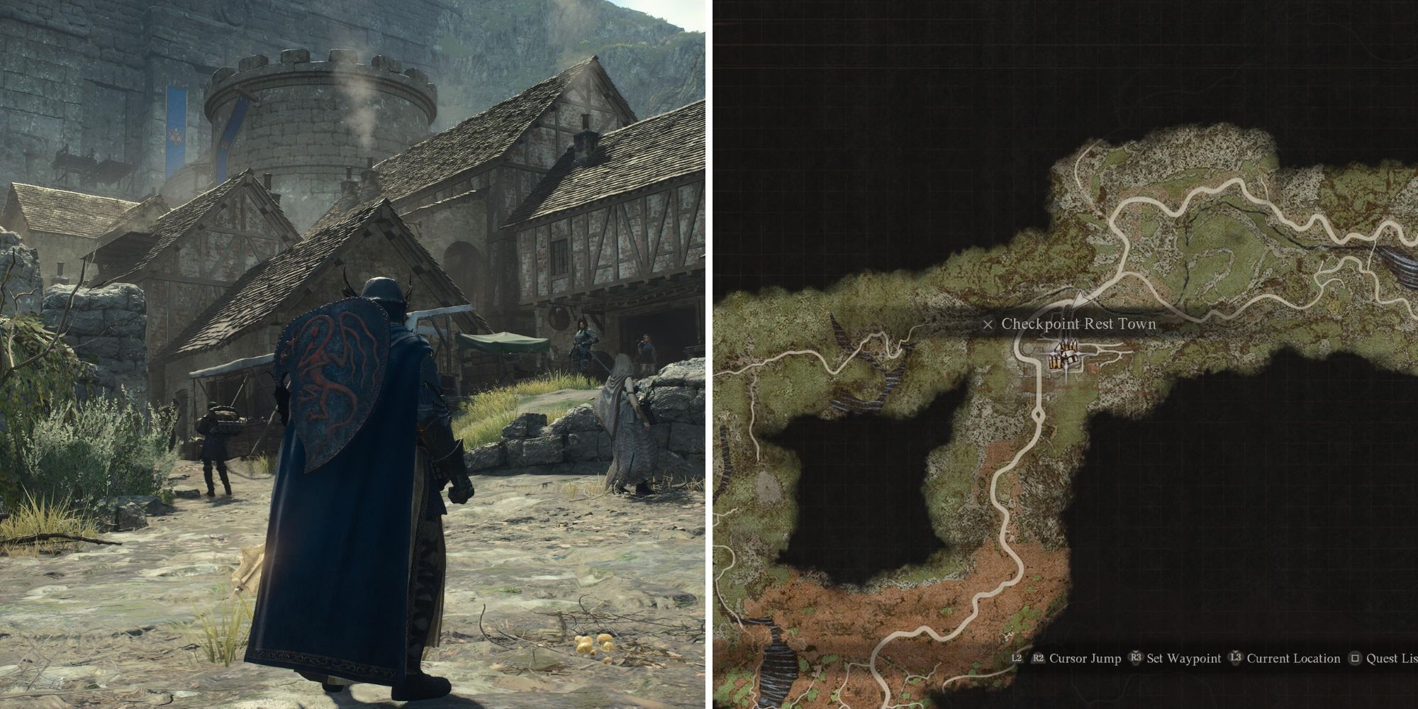 The Player Standing In Checkpoint Rest Town & The Location On The Map 