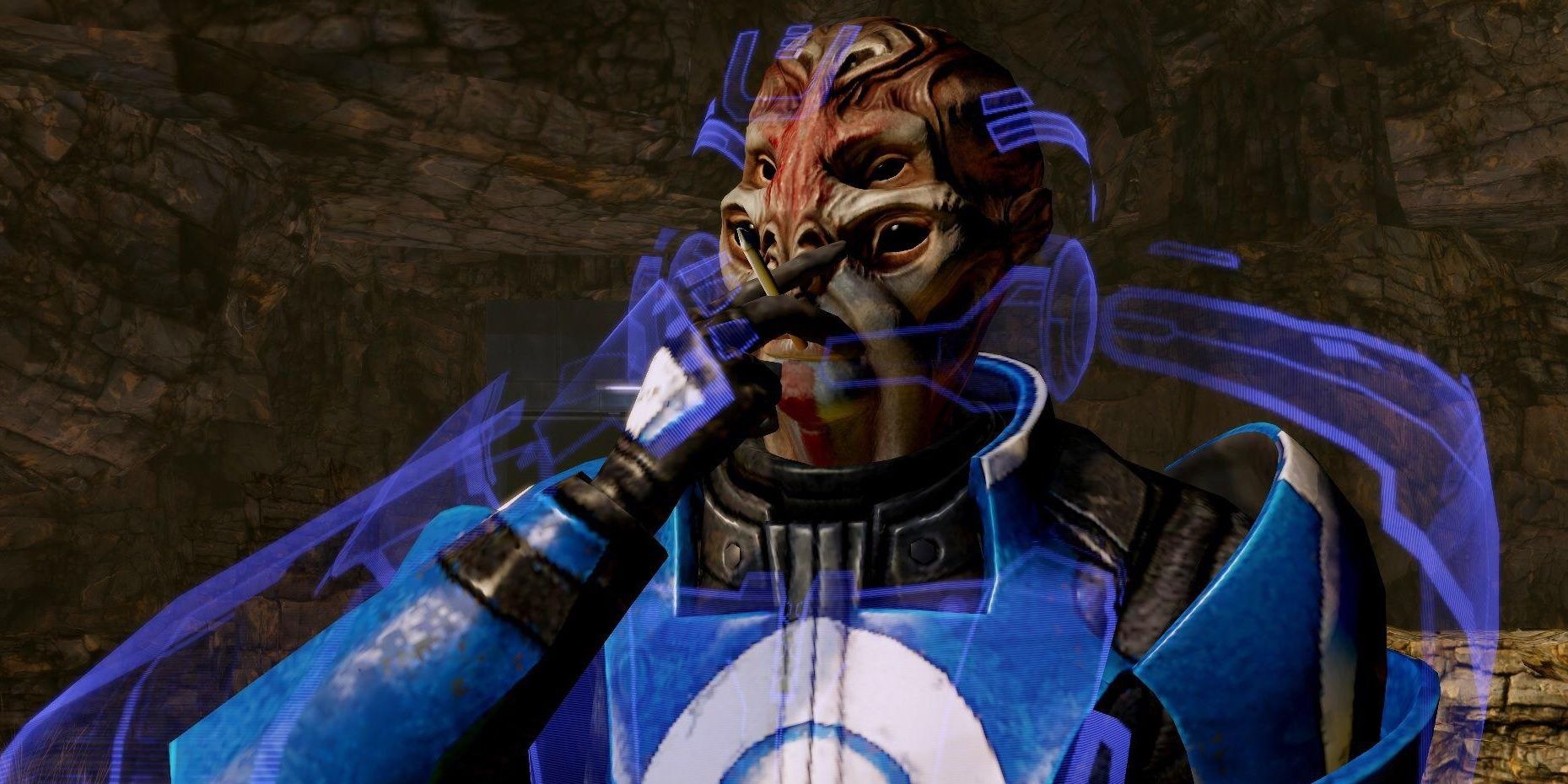 A Batarian smokes a cigarette in Mass Effect